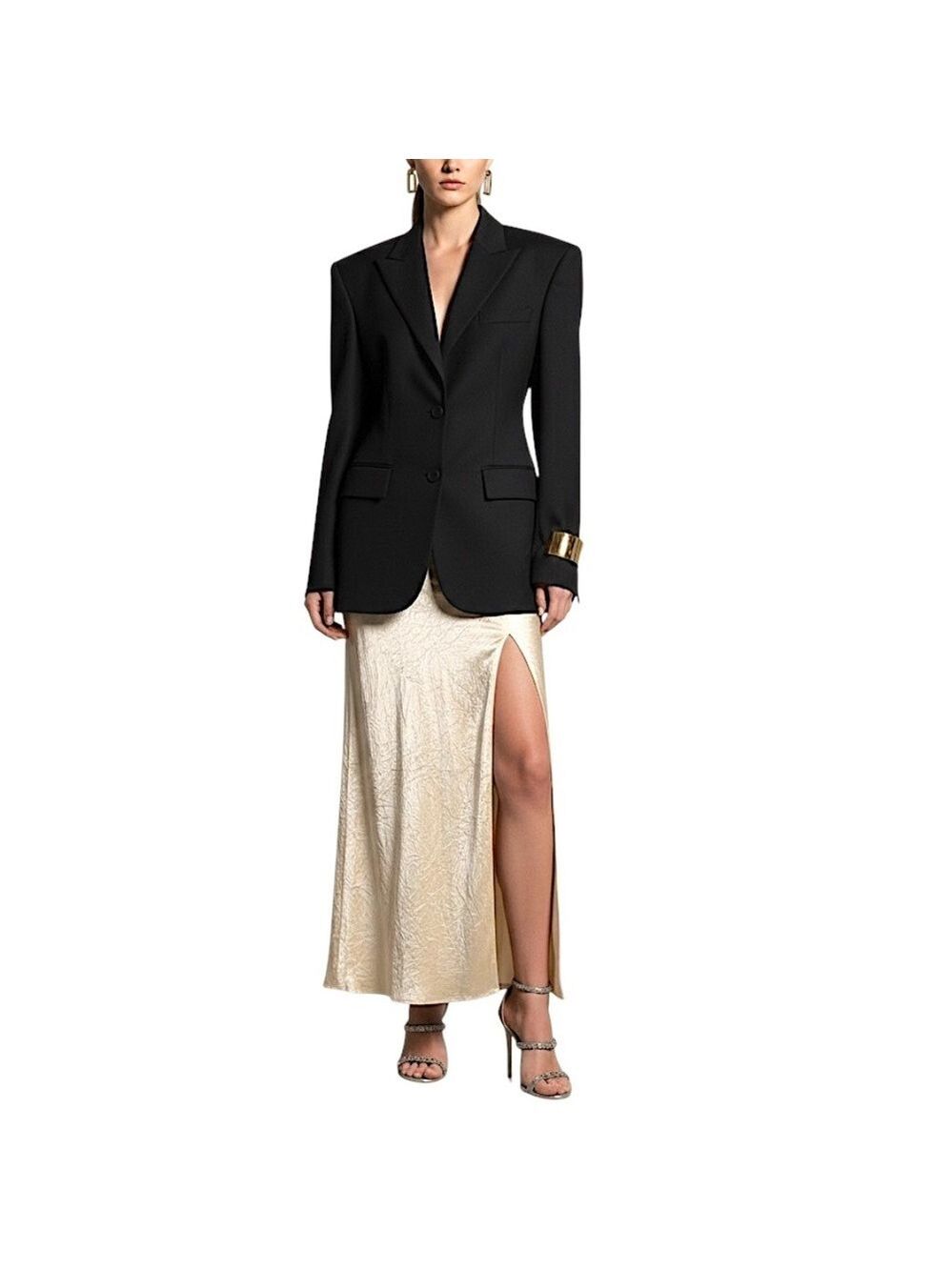 NWT Selected Femme Elise bias cut crinkle satin high slit champagne skirt 38